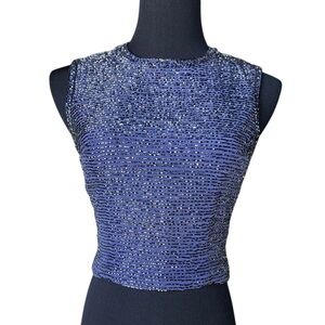 Vintage Bob Mackie Boutique Beaded Top Blue Sleeveless Party Y2K Glam Small
